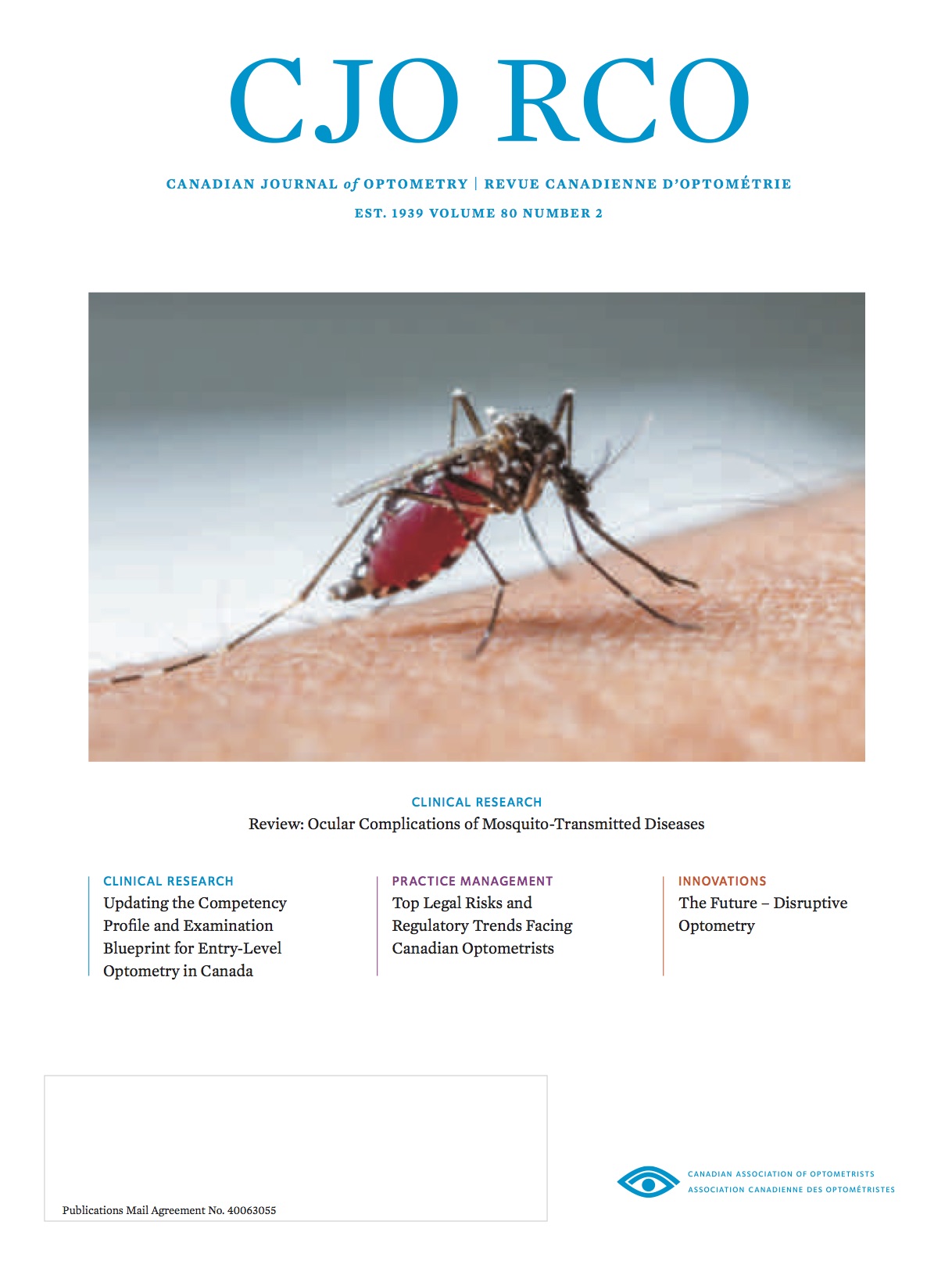 Cover of CJO Volume 80 Number 2, showing a mosquito on human skin.